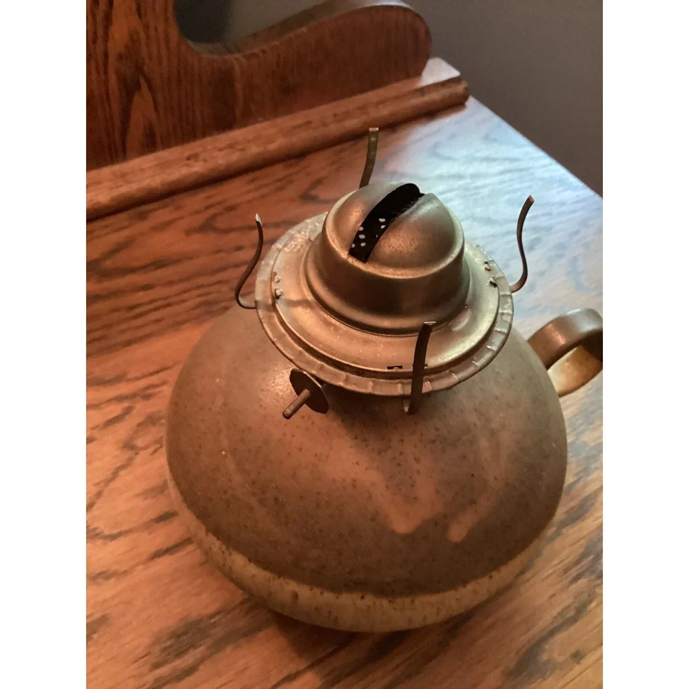 Pottery Art Kerosene Oil Lamp Browns w handle signed‎ vintage
